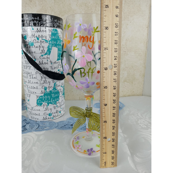 Delish Hand Painted Wine Glass My BFF with Pink Orange Purple Flowers 9" - Picture 4 of 6